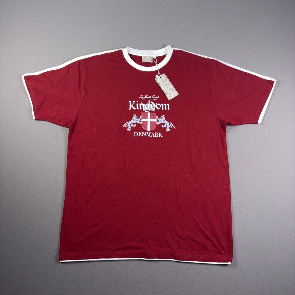 Memories of Denmark Ringer T-Shirt Red Kingdom Crest Graphic Tee Large NWT